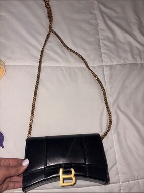 Balenciaga Black Leather Crossbody with Gold 'B' Chain